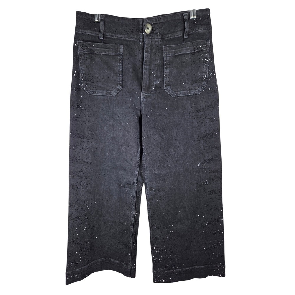 Maeve Anthropologie The Colette Jeans Black‎ Rhinestone Wide Leg Crop Jeans 29P